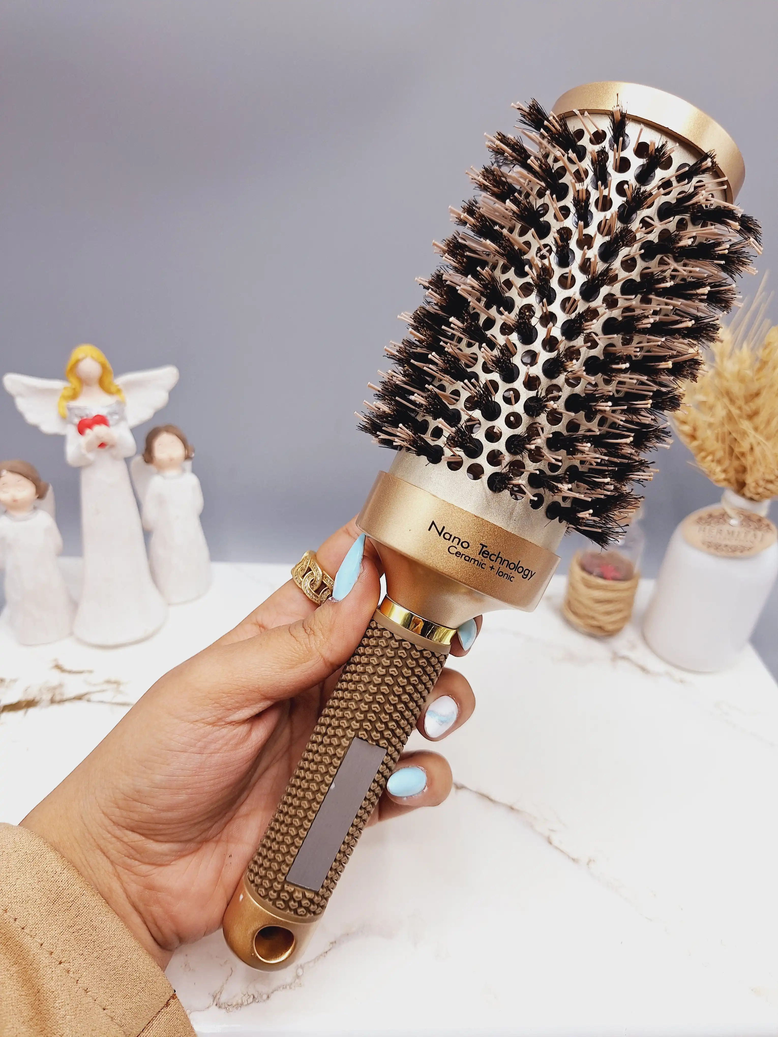 برس مو کلاسیک پیچی مدل گرد نانو سرامیکی رنگ رزگلد